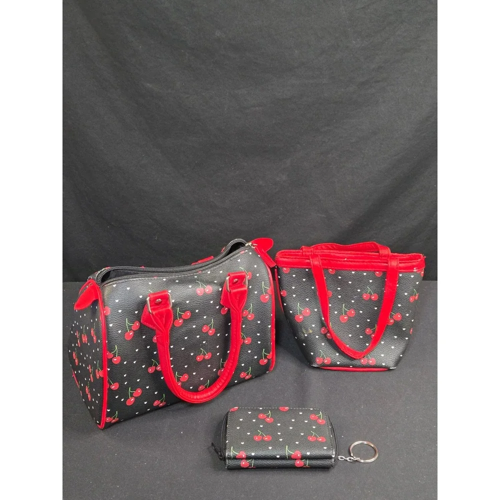 Cherry 3 Piece‎ Leather Handbag Set Black Red Heart Satchel Mini Tote Wallet